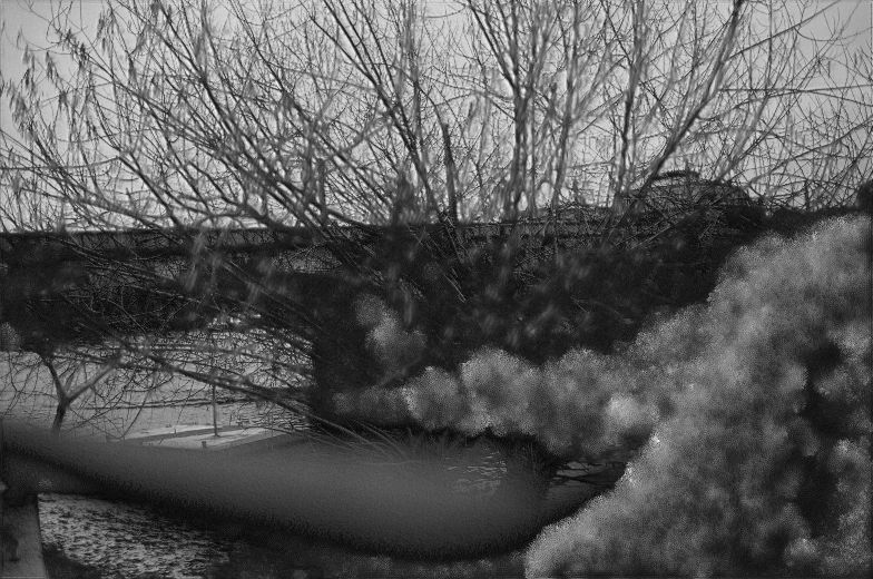The same photograph. A grey, foam-like mass has grown over the right side of the bank.