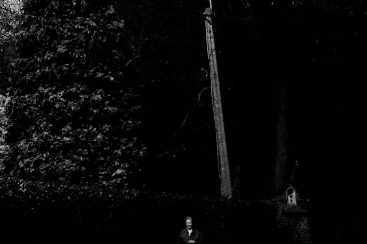 An old woman looks on from a distance at the foot of a hedge, almost carried off by the dark.